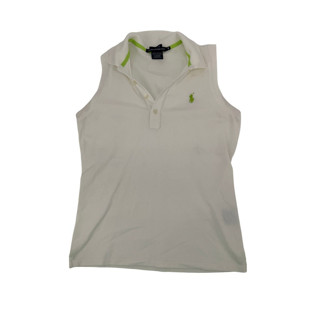 Ralph Lauren Golf Sleeveless Polo Women Medium White Lime Green Slim Fit 8648